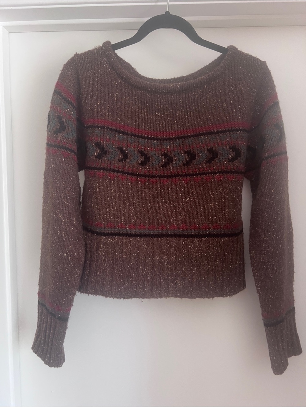 Boston Proper Brown Patterned Crew Sweater with Red Accents